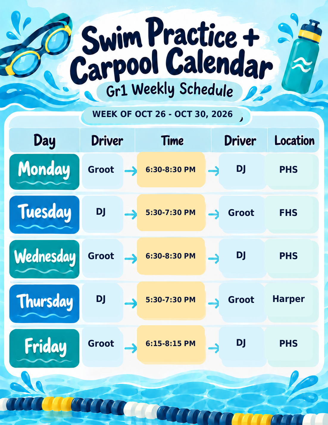 Current BasenGrid Teams swim practice and carpool calendar for the Green 1 group