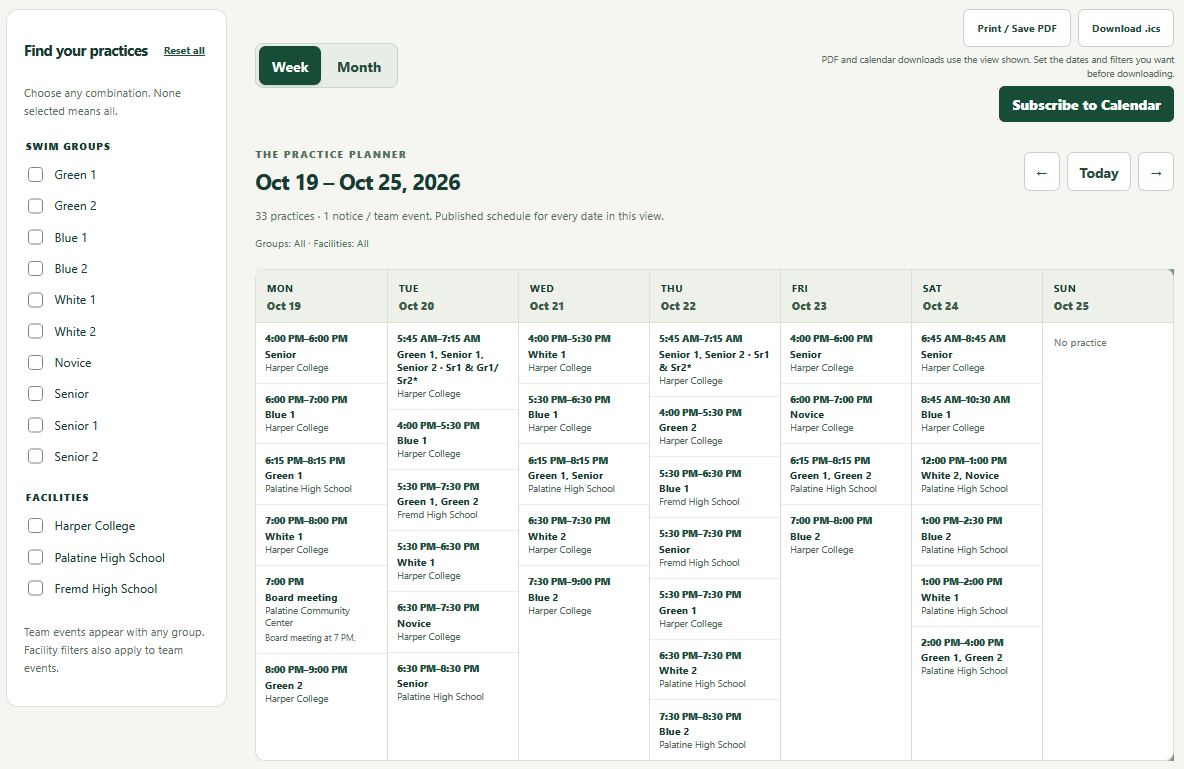 BasenGrid Teams practice calendar with group and facility filters and right-aligned print, download, and subscription buttons